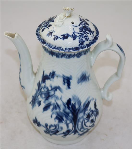 A Worcester feather moulded blue and white coffee pot, c.1760, 22cm, associated cover with re-glued finial